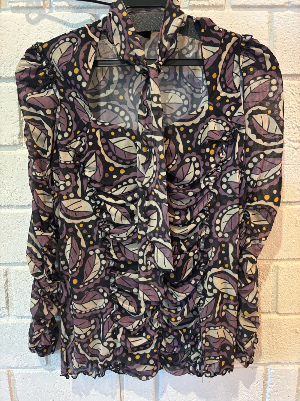 Anna Sui Set of Purple and Cream Paisley Ruffle Tie Blouse and Leggings Size 0
